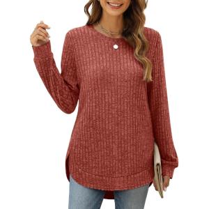 imageXIEERDUO Womens Tunic Tops Long Sleeve Shirts High Low Curved Hem Crewneck Sweater Loose FitCaramel