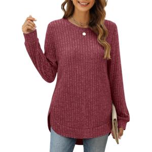imageXIEERDUO Womens Tunic Tops Long Sleeve Shirts High Low Curved Hem Crewneck Sweater Loose FitRed