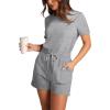 imageXIEERDUO Rompers for Women 2024 Summer Crewneck Short Jumpsuit Casual Loose Short Sleeve One Piece Outfits with PocketsConcrete Grey