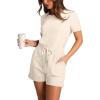 imageXIEERDUO Rompers for Women 2024 Summer Crewneck Short Jumpsuit Casual Loose Short Sleeve One Piece Outfits with PocketsCreamy Apricot