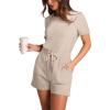 imageXIEERDUO Rompers for Women 2024 Summer Crewneck Short Jumpsuit Casual Loose Short Sleeve One Piece Outfits with PocketsLight Khaki
