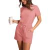 imageXIEERDUO Rompers for Women 2024 Summer Crewneck Short Jumpsuit Casual Loose Short Sleeve One Piece Outfits with PocketsLight Orange Pink