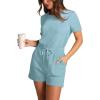 imageXIEERDUO Rompers for Women 2024 Summer Crewneck Short Jumpsuit Casual Loose Short Sleeve One Piece Outfits with PocketsWater Blue