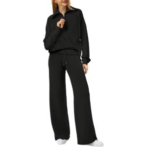 imageXIEERDUO Lounge Sets For Women 2024 Half Zip Sweatshirt And Wide Leg Sweatpant 2 Piece Outfits Sweatsuit Tracksuit01black