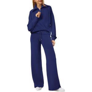imageXIEERDUO Lounge Sets For Women 2024 Half Zip Sweatshirt And Wide Leg Sweatpant 2 Piece Outfits Sweatsuit Tracksuit03navy Blue