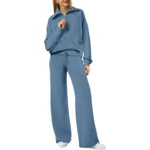 imageXIEERDUO Lounge Sets For Women 2024 Half Zip Sweatshirt And Wide Leg Sweatpant 2 Piece Outfits Sweatsuit Tracksuit05haze Blue