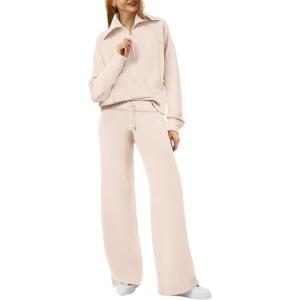imageXIEERDUO Lounge Sets For Women 2024 Half Zip Sweatshirt And Wide Leg Sweatpant 2 Piece Outfits Sweatsuit Tracksuit06apricot