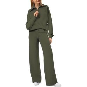 imageXIEERDUO Lounge Sets For Women 2024 Half Zip Sweatshirt And Wide Leg Sweatpant 2 Piece Outfits Sweatsuit Tracksuit07dark Green