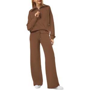 imageXIEERDUO Lounge Sets For Women 2024 Half Zip Sweatshirt And Wide Leg Sweatpant 2 Piece Outfits Sweatsuit Tracksuit09brown