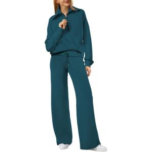 imageXIEERDUO Lounge Sets For Women 2024 Half Zip Sweatshirt And Wide Leg Sweatpant 2 Piece Outfits Sweatsuit Tracksuit15teal