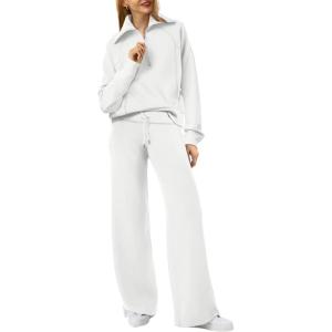 imageXIEERDUO Lounge Sets For Women 2024 Half Zip Sweatshirt And Wide Leg Sweatpant 2 Piece Outfits Sweatsuit Tracksuit16white