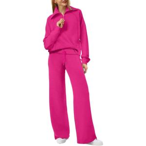 imageXIEERDUO Lounge Sets For Women 2024 Half Zip Sweatshirt And Wide Leg Sweatpant 2 Piece Outfits Sweatsuit Tracksuit17pink
