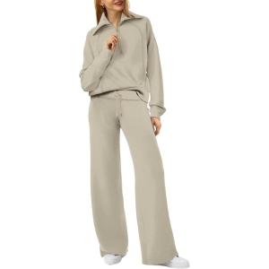imageXIEERDUO Lounge Sets For Women 2024 Half Zip Sweatshirt And Wide Leg Sweatpant 2 Piece Outfits Sweatsuit Tracksuit19light Khaki
