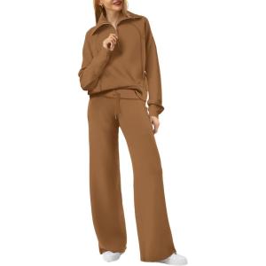 imageXIEERDUO Lounge Sets For Women 2024 Half Zip Sweatshirt And Wide Leg Sweatpant 2 Piece Outfits Sweatsuit Tracksuit20coffee