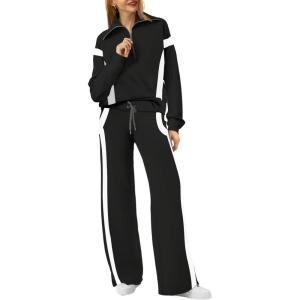 imageXIEERDUO Lounge Sets For Women 2024 Half Zip Sweatshirt And Wide Leg Sweatpant 2 Piece Outfits Sweatsuit TracksuitColor Block Black