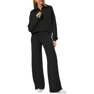 imageXIEERDUO Lounge Sets For Women 2024 Half Zip Sweatshirt And Wide Leg Sweatpant 2 Piece Outfits Sweatsuit TracksuitKangarooblack