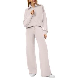 imageXIEERDUO Lounge Sets For Women 2024 Half Zip Sweatshirt And Wide Leg Sweatpant 2 Piece Outfits Sweatsuit TracksuitKangarookhaki