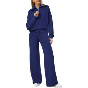 imageXIEERDUO Lounge Sets For Women 2024 Half Zip Sweatshirt And Wide Leg Sweatpant 2 Piece Outfits Sweatsuit TracksuitKangaroonavy Blue