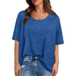 imageXIEERDUO Oversized T Shirts for Women Summer Short Sleeve Tops Loose Scook NeckDark Blue