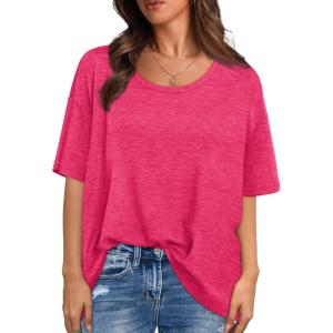 imageXIEERDUO Oversized T Shirts for Women Summer Short Sleeve Tops Loose Scook NeckHot Pink