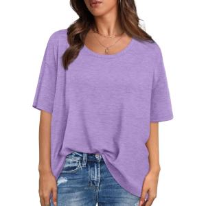 imageXIEERDUO Oversized T Shirts for Women Summer Short Sleeve Tops Loose Scook NeckLavender