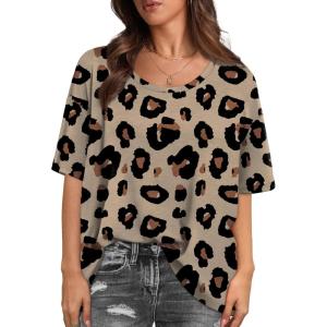 imageXIEERDUO Oversized T Shirts for Women Summer Short Sleeve Tops Loose Scook NeckLeopard