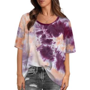 imageXIEERDUO Oversized T Shirts for Women Summer Short Sleeve Tops Loose Scook NeckTie Dye Purple