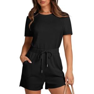 imageXIEERDUO Rompers for Women 2024 Summer Crewneck Short Jumpsuit Casual Loose Short Sleeve One Piece Outfits with PocketsBlack