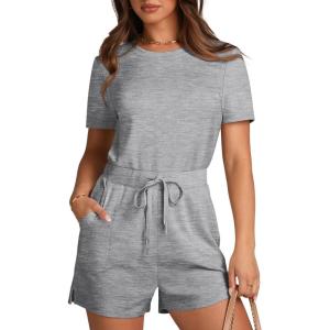 imageXIEERDUO Rompers for Women 2024 Summer Crewneck Short Jumpsuit Casual Loose Short Sleeve One Piece Outfits with PocketsConcrete Grey