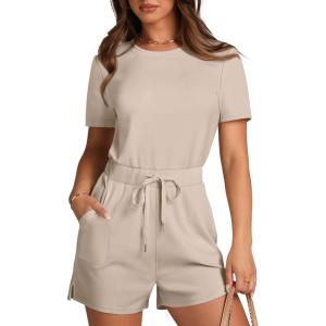 imageXIEERDUO Rompers for Women 2024 Summer Crewneck Short Jumpsuit Casual Loose Short Sleeve One Piece Outfits with PocketsLight Khaki