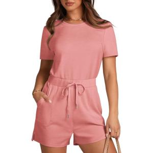 imageXIEERDUO Rompers for Women 2024 Summer Crewneck Short Jumpsuit Casual Loose Short Sleeve One Piece Outfits with PocketsLight Orange Pink