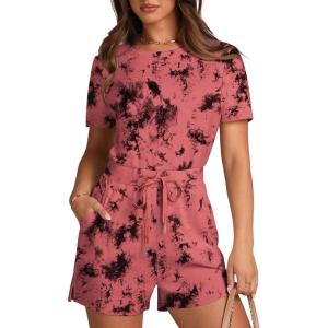 imageXIEERDUO Rompers for Women 2024 Summer Crewneck Short Jumpsuit Casual Loose Short Sleeve One Piece Outfits with PocketsPink Tie Dye