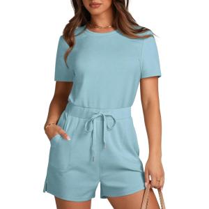 imageXIEERDUO Rompers for Women 2024 Summer Crewneck Short Jumpsuit Casual Loose Short Sleeve One Piece Outfits with PocketsWater Blue