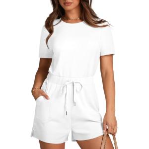 imageXIEERDUO Rompers for Women 2024 Summer Crewneck Short Jumpsuit Casual Loose Short Sleeve One Piece Outfits with PocketsWhite