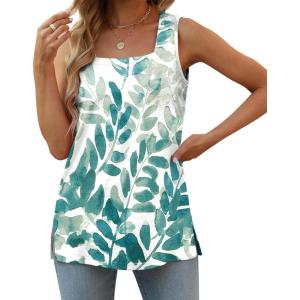imageXIEERDUO Summer Tank Tops for Women Square Neck Loose Fit Casual Fashion Flowy Sleeveless01bgreen Leaves