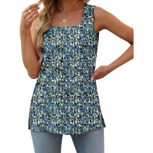 imageXIEERDUO Summer Tank Tops for Women Square Neck Loose Fit Casual Fashion Flowy SleevelessFloral Blue