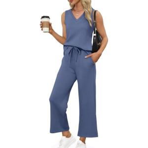 imageXIEERDUO Two Piece Sets for Women Summer Vacation Travel Outfits V Neck Lounge Matching SetsDusty Blue