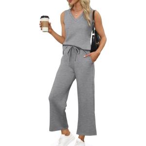 imageXIEERDUO Two Piece Sets for Women Summer Vacation Travel Outfits V Neck Lounge Matching SetsGray