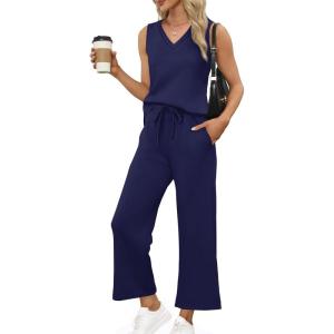 imageXIEERDUO Two Piece Sets for Women Summer Vacation Travel Outfits V Neck Lounge Matching SetsNavy Blue