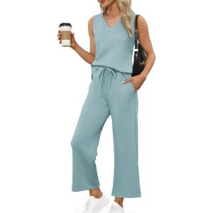 imageXIEERDUO Two Piece Sets for Women Summer Vacation Travel Outfits V Neck Lounge Matching SetsTurquoise