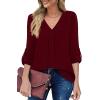 imageXIEERDUO 34 Sleeve Blouses for Women Business Casual V Neck Chiffon Shirts TopsJburgundy
