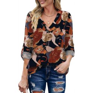 imageXIEERDUO 34 Sleeve Blouses for Women Business Casual V Neck Chiffon Shirts TopsAkhaki Flower