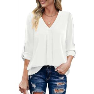 imageXIEERDUO 34 Sleeve Blouses for Women Business Casual V Neck Chiffon Shirts TopsEwhite
