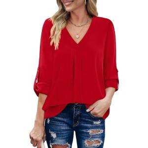 imageXIEERDUO 34 Sleeve Blouses for Women Business Casual V Neck Chiffon Shirts TopsHred