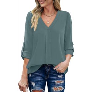 imageXIEERDUO 34 Sleeve Blouses for Women Business Casual V Neck Chiffon Shirts TopsKblue