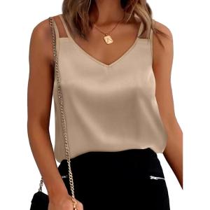imageXIEERDUO V Neck Tank Tops for Women Silk Satin Summer Sleeveless Camisole S2XL11 Khaki