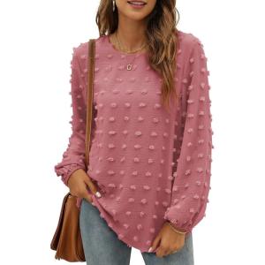 imageXIEERDUO Womens Chiffon Blouses Long Sleeve Crewneck Tops Dressy Casual Loose Pompom Shirts01abrick Red