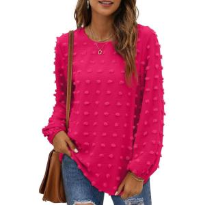 imageXIEERDUO Womens Chiffon Blouses Long Sleeve Crewneck Tops Dressy Casual Loose Pompom Shirts01hot Pink