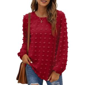 imageXIEERDUO Womens Chiffon Blouses Long Sleeve Crewneck Tops Dressy Casual Loose Pompom Shirts02bburgundy