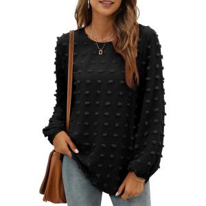 imageXIEERDUO Womens Chiffon Blouses Long Sleeve Crewneck Tops Dressy Casual Loose Pompom Shirts02black